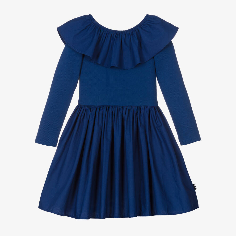 Molo - Girls Blue Organic Cotton Ruffle Dress | Childrensalon