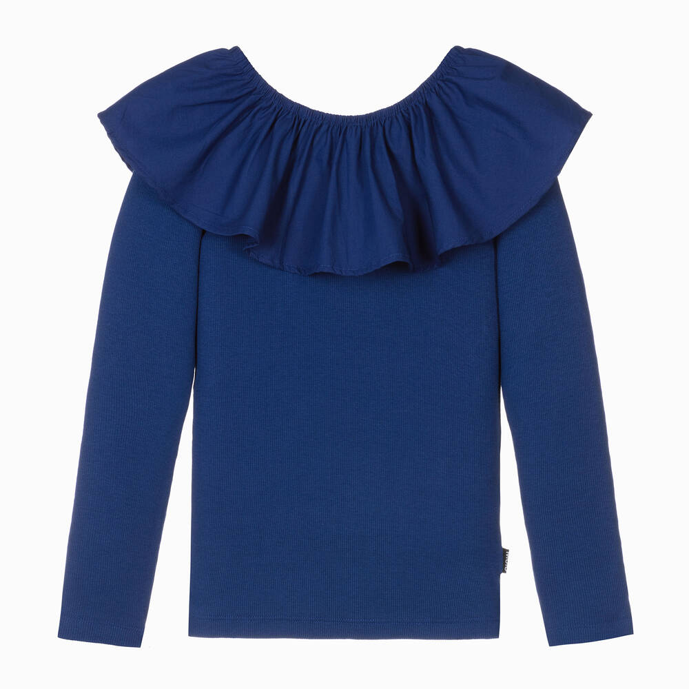 Molo - Girls Blue Organic Cotton Ruffle Top | Childrensalon