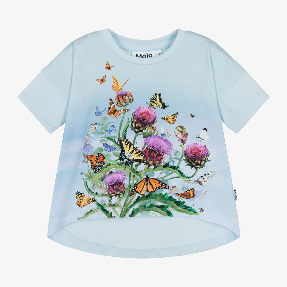 Molo - Girls Blue Organic Cotton T-Shirt | Childrensalon