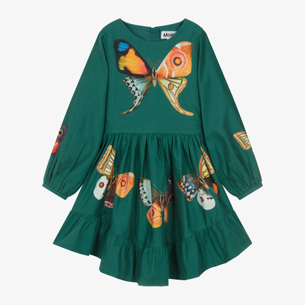 Molo - Girls Green Cotton Butterfly Print Dress | Childrensalon