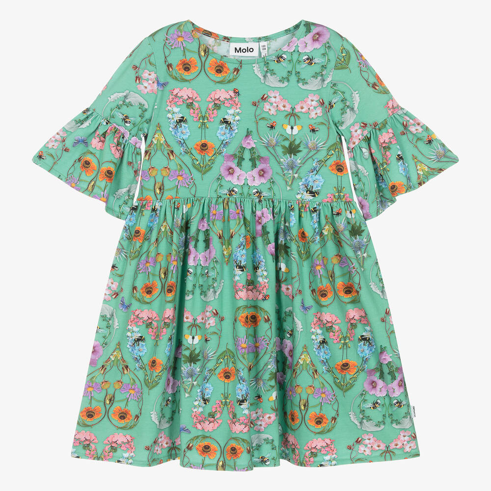 Molo - Girls Green Floral Cotton Jersey Dress | Childrensalon