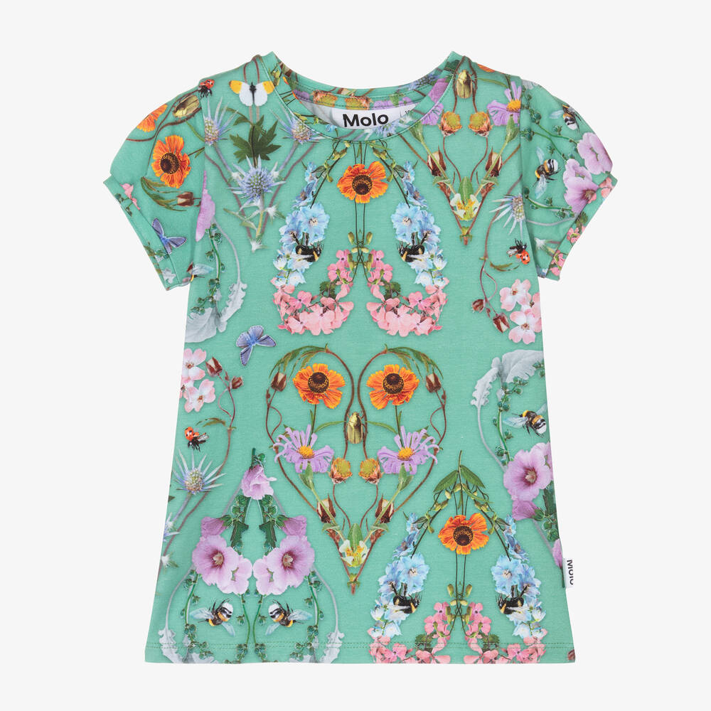 Molo - Girls Green Floral Cotton T-Shirt | Childrensalon