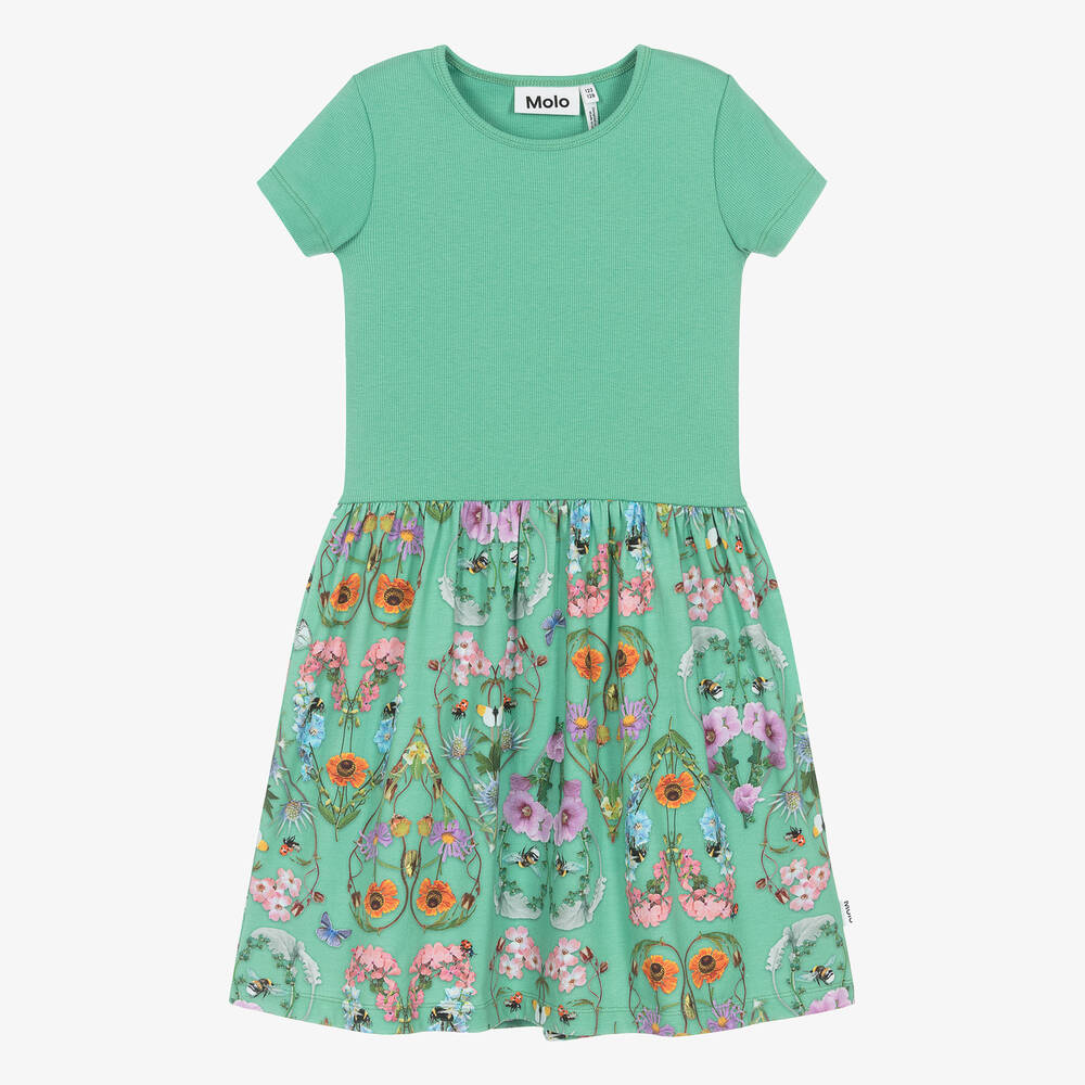 Molo Kids' Girls Green Floral Organic Cotton Dress