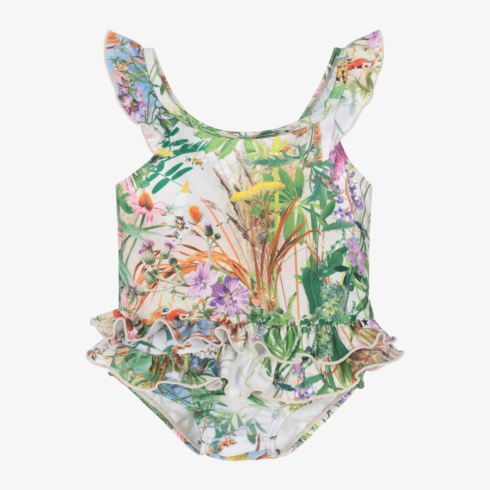 Molo - Girls Green Floral Swimsuit (UPF50+) | Childrensalon