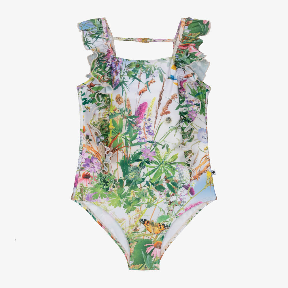 Molo - Girls Green Floral Swimsuit (UPF50+) | Childrensalon