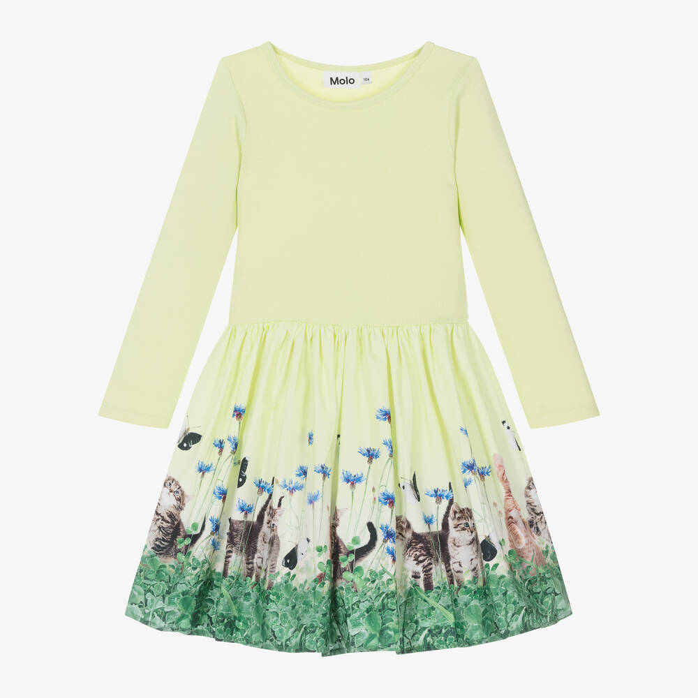 Molo - Зеленое платье из органического хлопка с котятами для девочек | Childrensalon