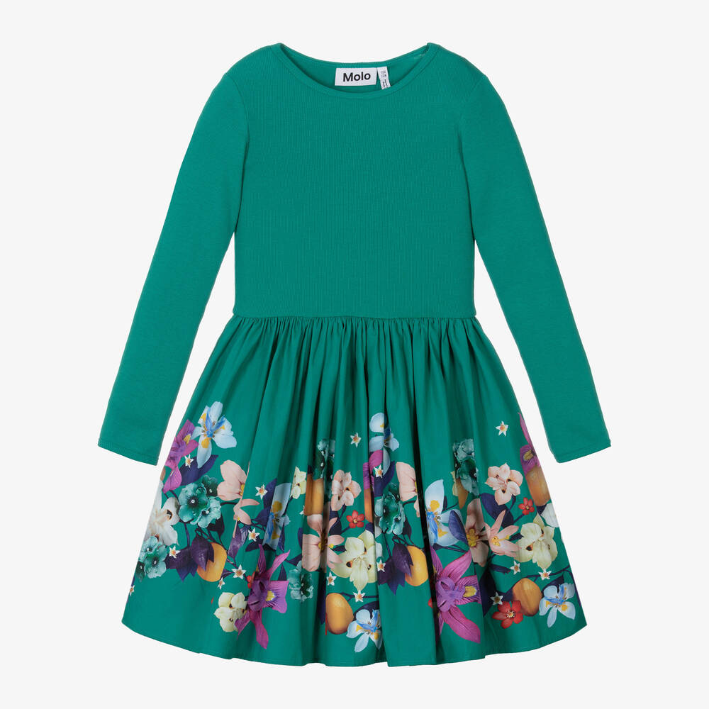 Molo - Girls Green Organic Cotton Floral Dress | Childrensalon