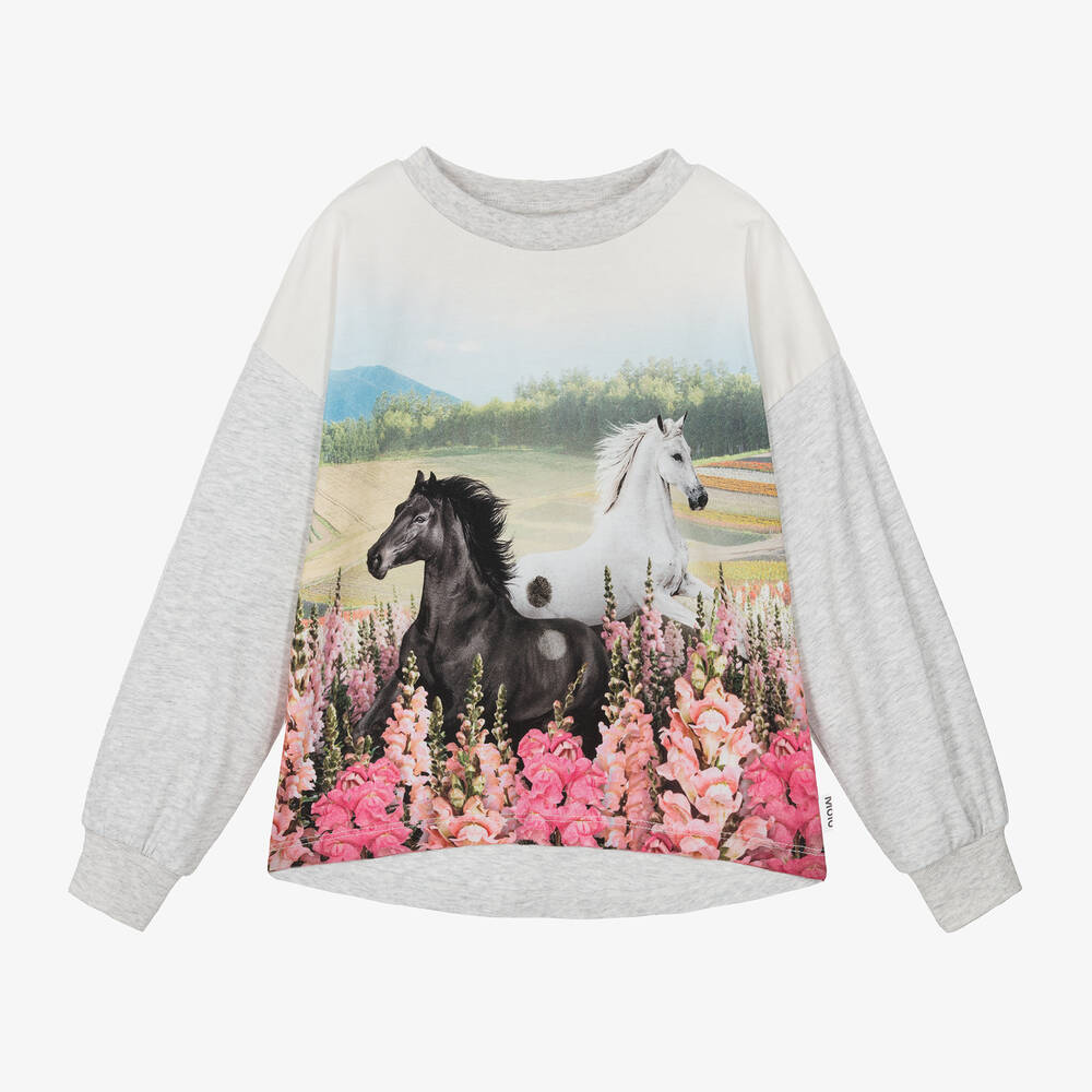 Molo - Серый топ из меланжевого хлопка с лошадьми для девочек | Childrensalon