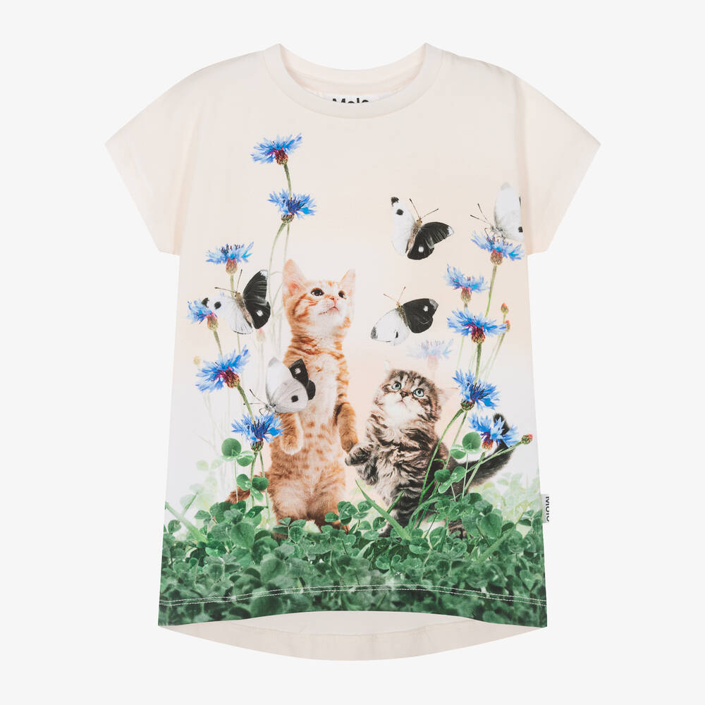 Molo - Girls Ivory Cat Cotton T-Shirt | Childrensalon