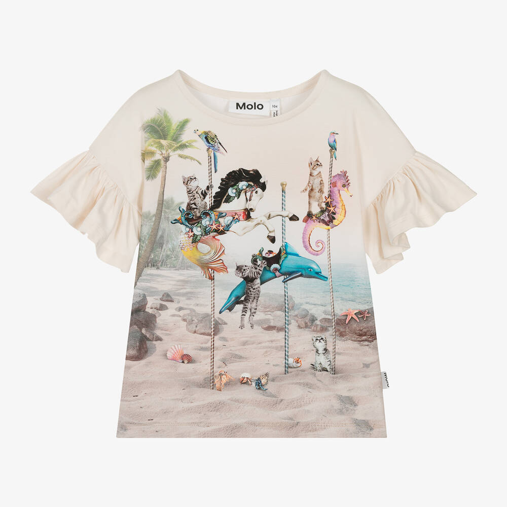 Molo - Girls Ivory Cotton Cat Carousel T-Shirt | Childrensalon