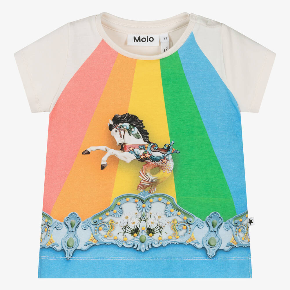 Molo - Girls Ivory Cotton Rainbow Carousel T-Shirt | Childrensalon