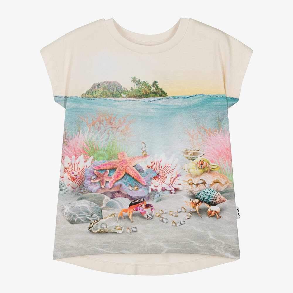 Molo - Girls Ivory Cotton Shell-Print T-Shirt | Childrensalon