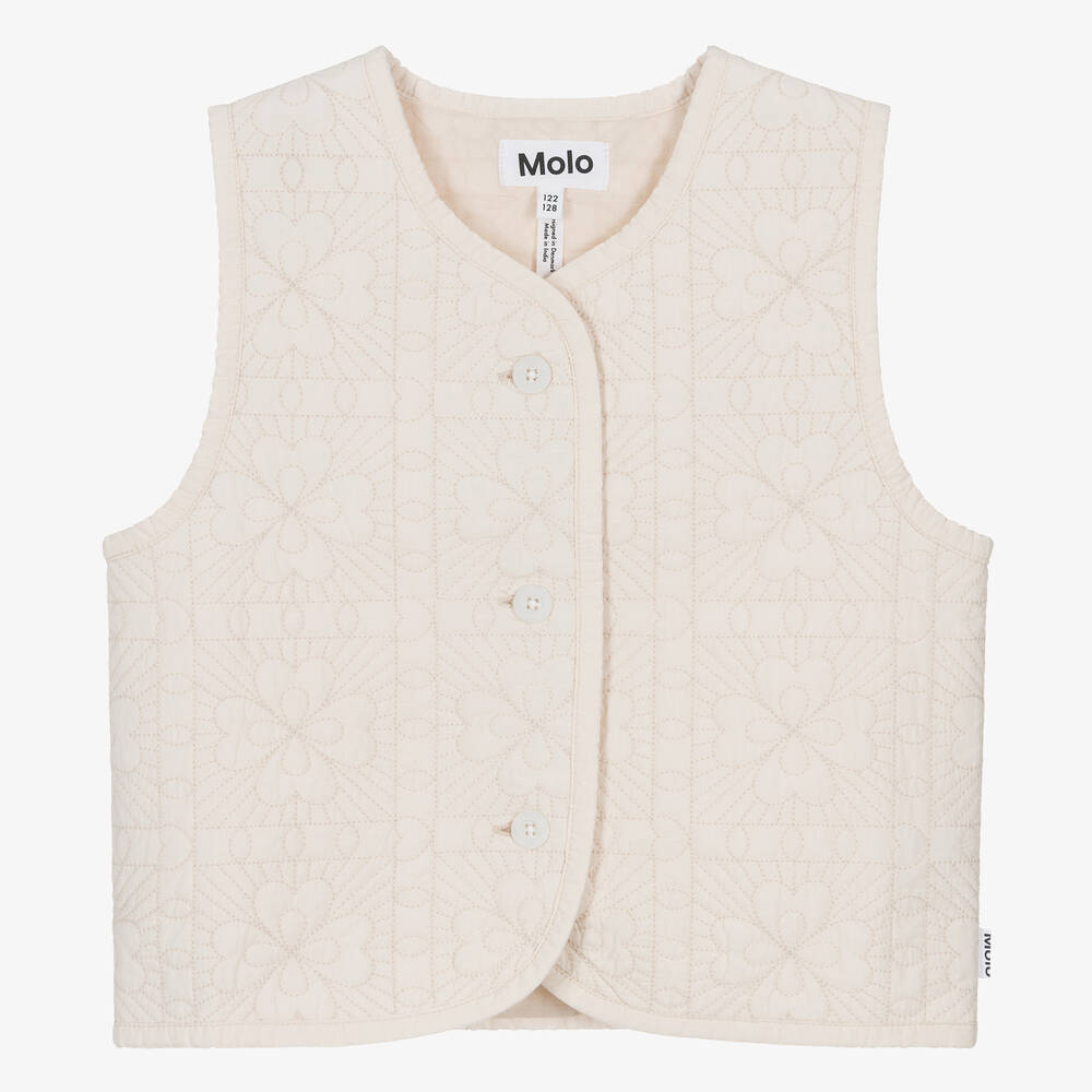 Molo - Girls Ivory Embroidered Floral Cotton Gilet  | Childrensalon