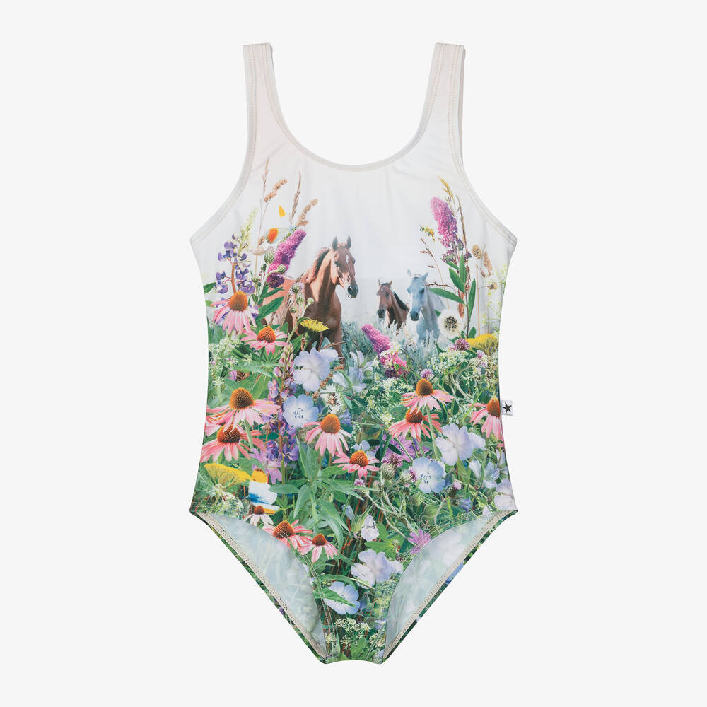 Molo - Girls Ivory Horse & Floral Print Swimsuit (UPF50+) | Childrensalon