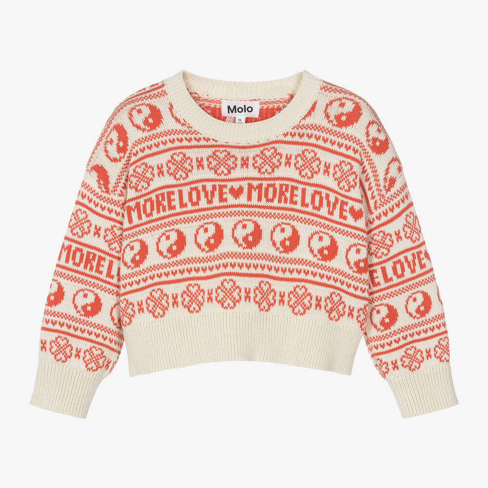 Molo - Girls Ivory & Red Cotton Knit Sweater | Childrensalon