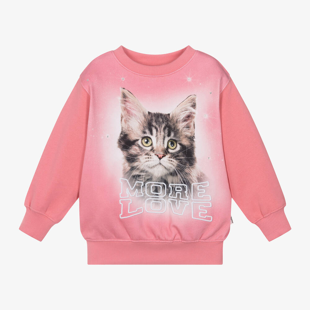 Molo - Girls Pink Cat Organic Cotton Sweatshirt | Childrensalon