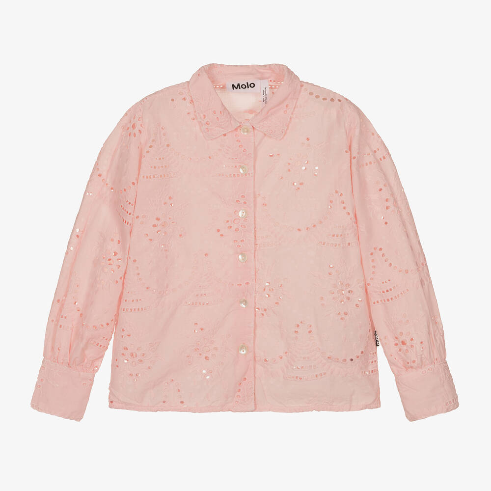 Molo - Розовая хлопковая рубашка с перфорацией для девочек | Childrensalon