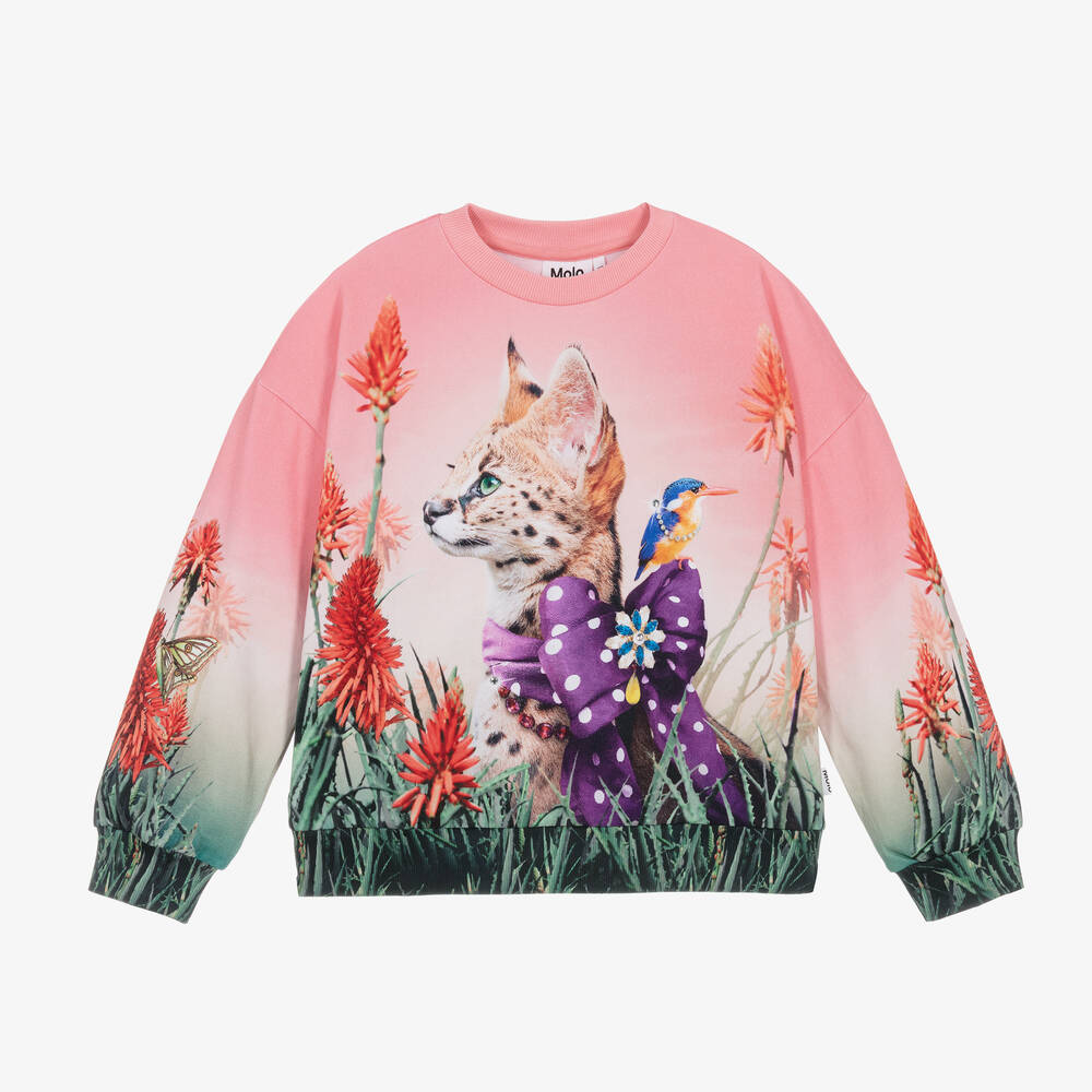 Molo - Girls Pink Cotton Fancy Cat Sweatshirt | Childrensalon