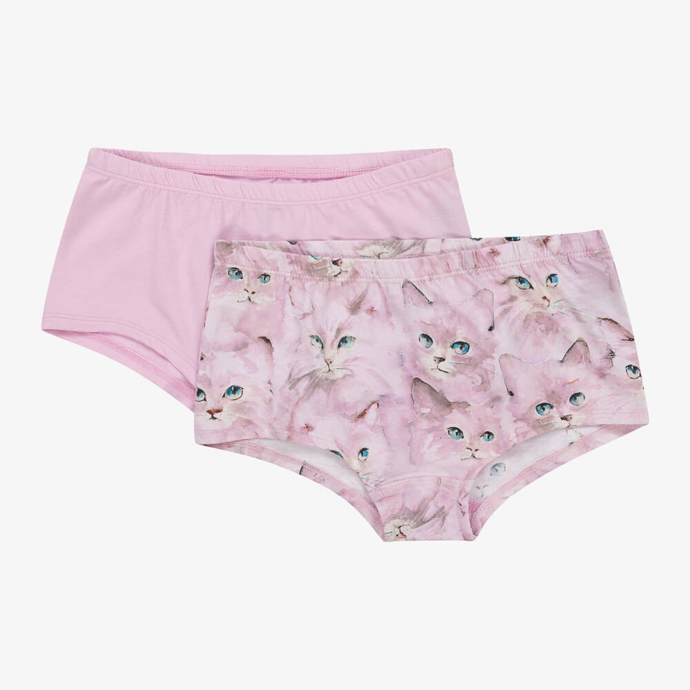 Molo - Girls Pink Cotton Kitten Knickers (2 Pack) | Childrensalon