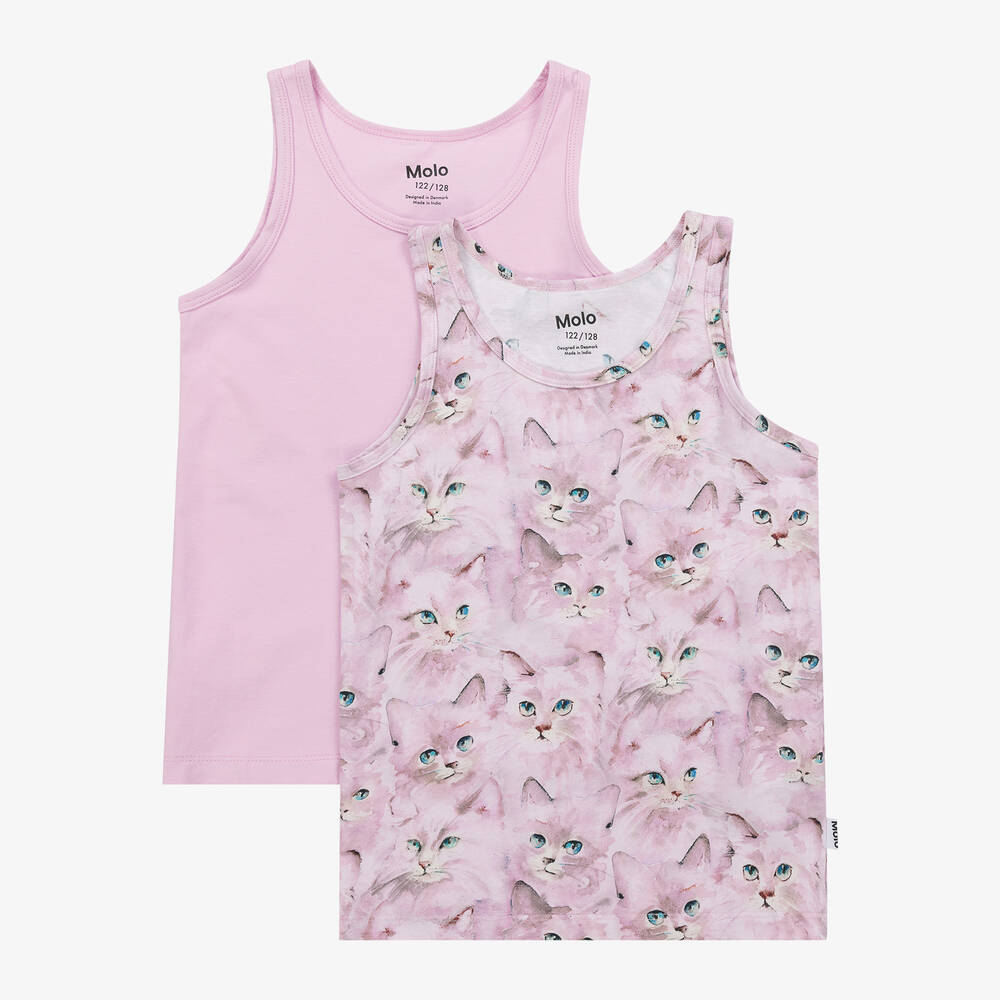 Molo - Girls Pink Cotton Kitten Vests (2 Pack) | Childrensalon