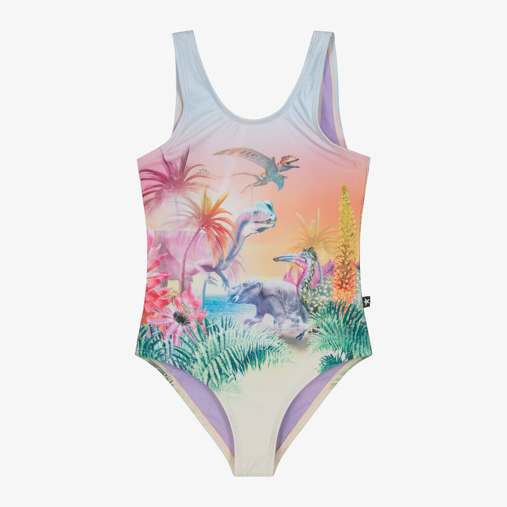 Molo - Girls Pink Dinosaur Print Swimsuit (UPF50+) | Childrensalon