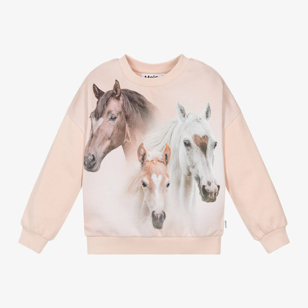 Molo - Girls Pink Organic Cotton Horses Sweatshirt | Childrensalon