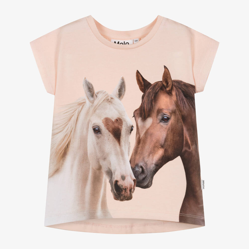 Molo - Girls Pink Organic Cotton Horses T-Shirt | Childrensalon