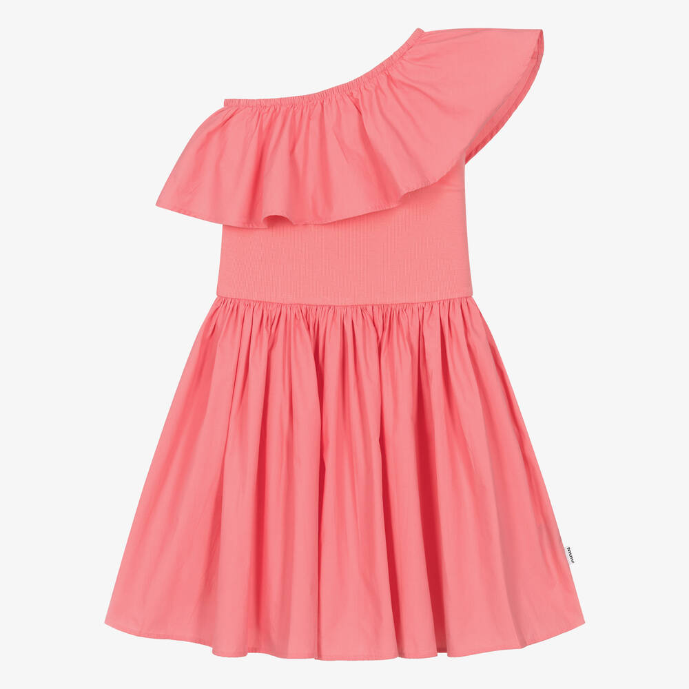 Molo - فستان بكتف واحد قطن عضوي لون زهري مرجاني | Childrensalon