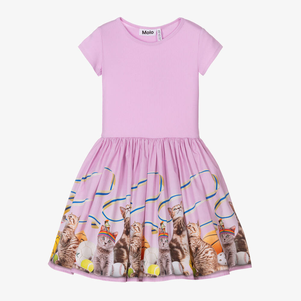 Molo - Girls Pink Organic Cotton Sporty Cats Dress | Childrensalon