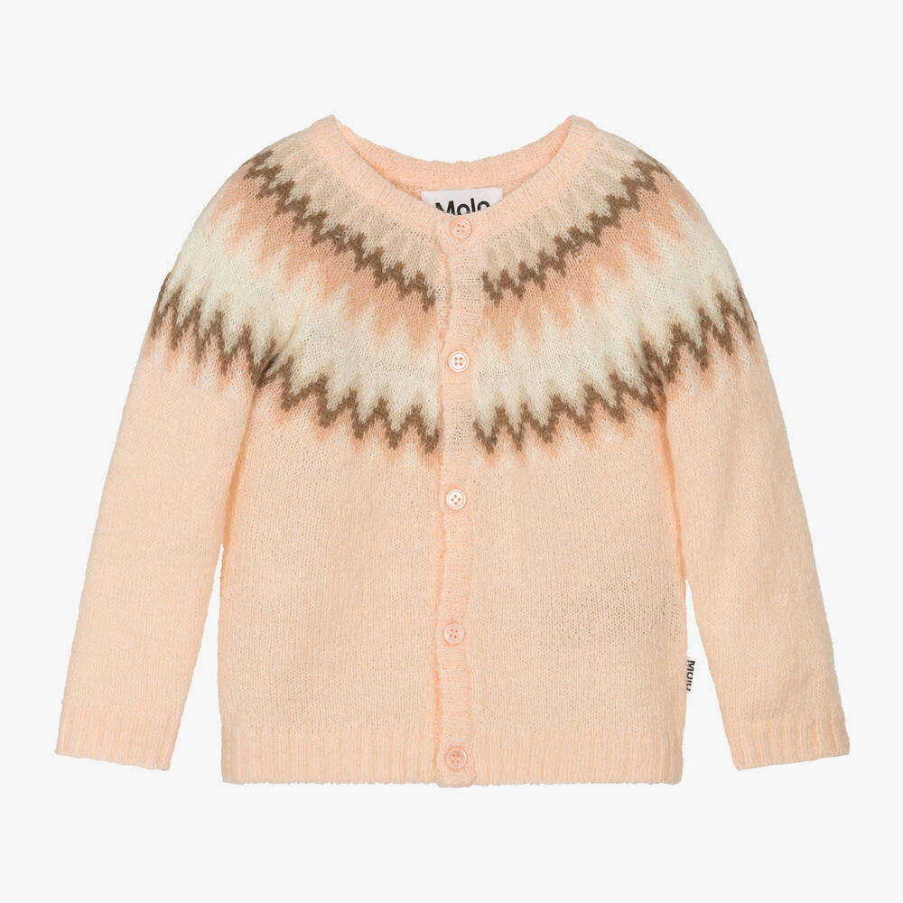 Molo - Girls Pink Wool Fair Isle Cardigan | Childrensalon