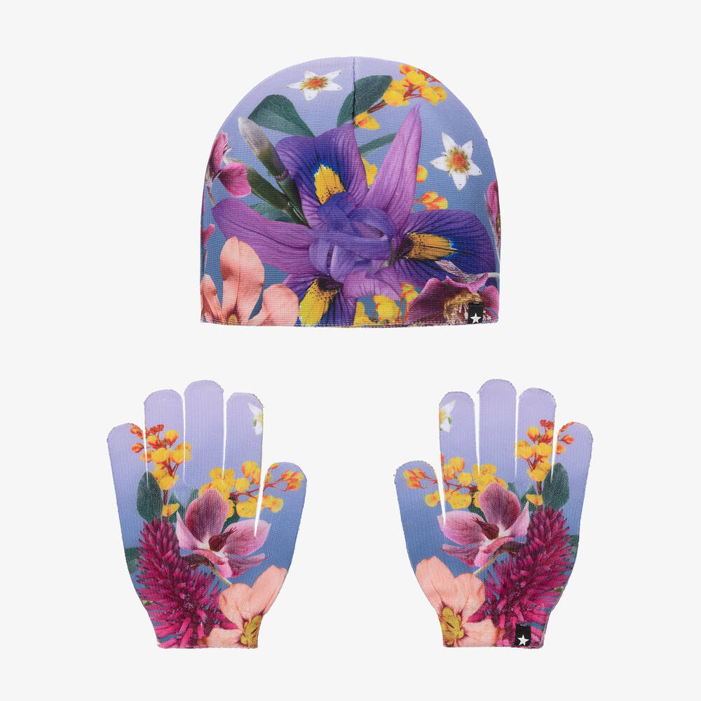 Molo - Girls Purple Bouquet Print Hat & Gloves Set | Childrensalon