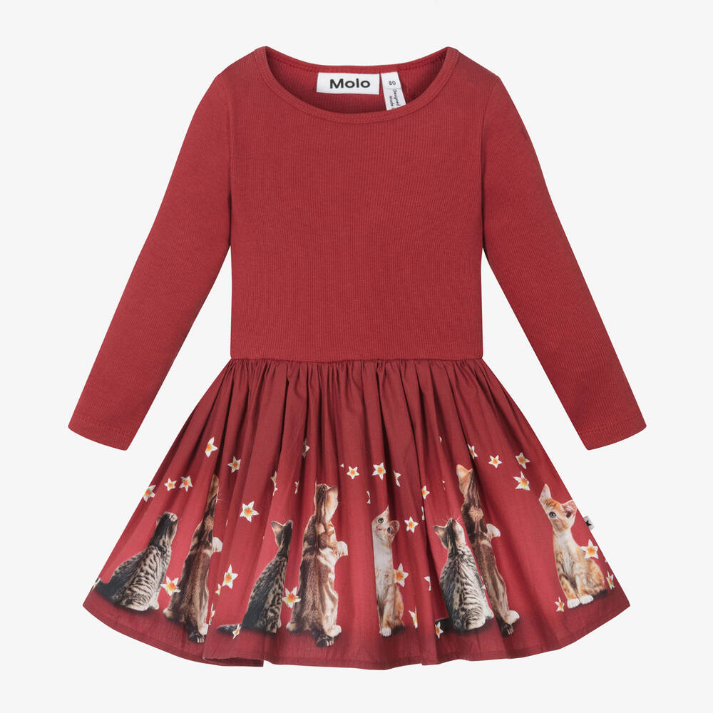 Molo - Girls Red Organic Cotton Kittens Dress | Childrensalon