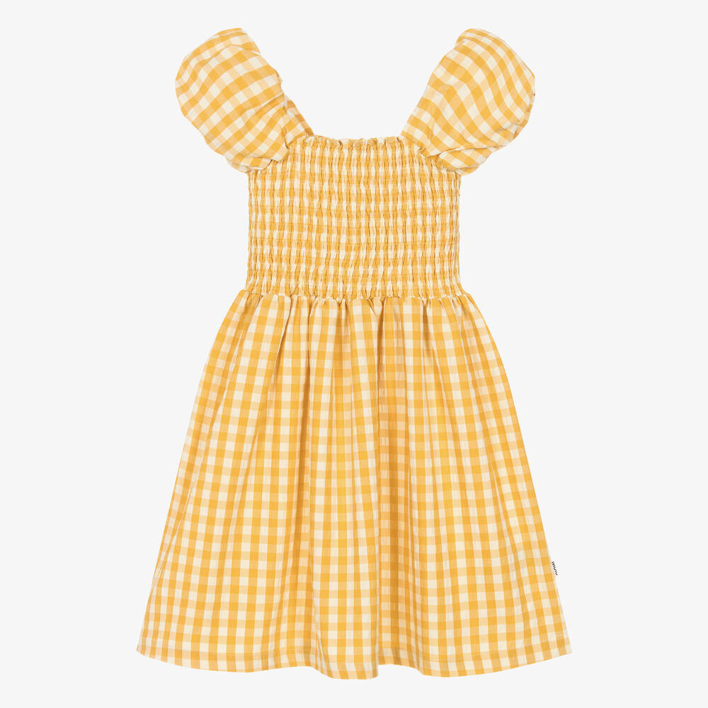Molo - Girls Yellow Gingham Puff Sleeve Dress | Childrensalon