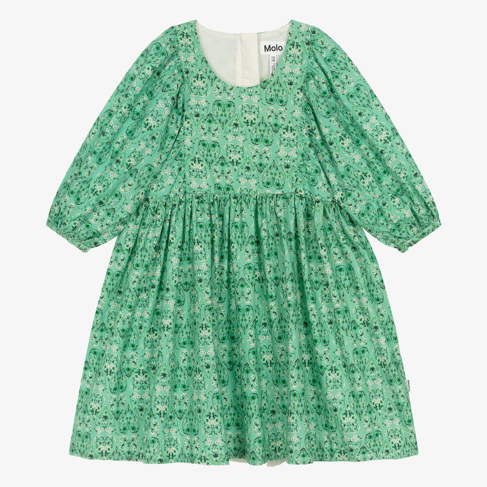 Molo Kids' Girls Green Organic Cotton Floral Heart Dress