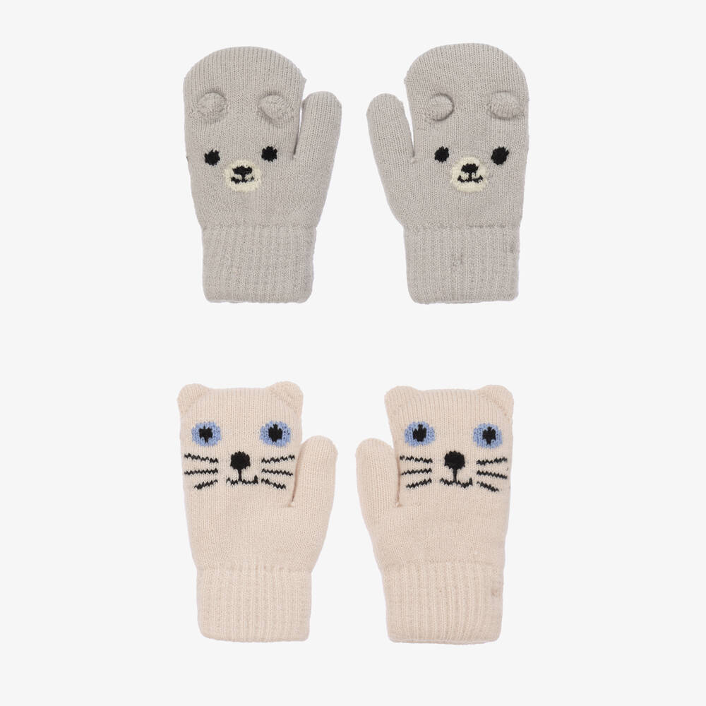 Molo - Ivory & Grey Knitted Animal Mittens (2 Pack) | Childrensalon