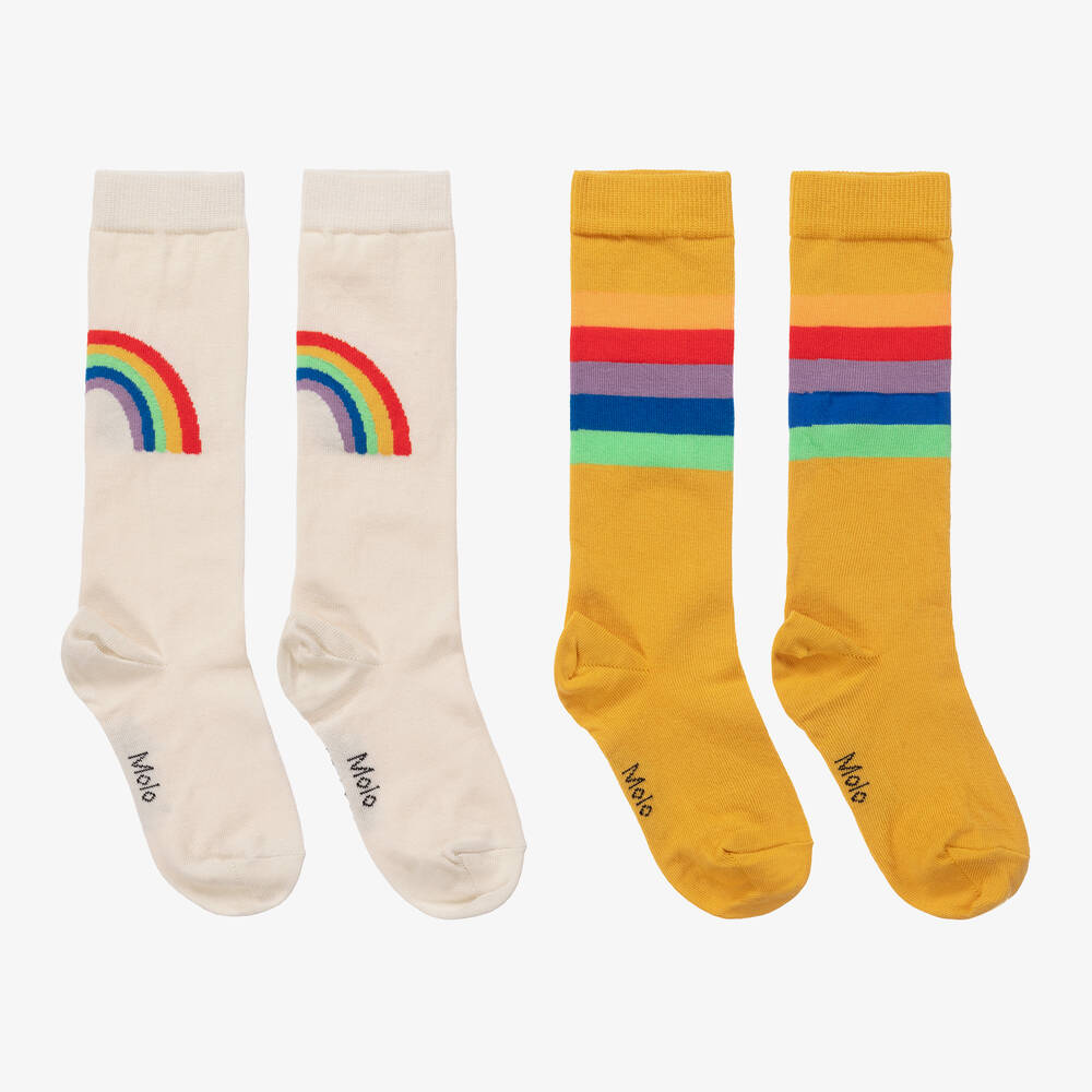 Molo - Ivory & Yellow Rainbow Knee High Socks (2 Pack) | Childrensalon