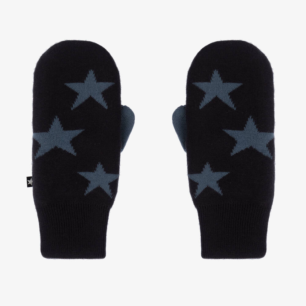 Molo - Navy Blue Knitted Star Mittens | Childrensalon