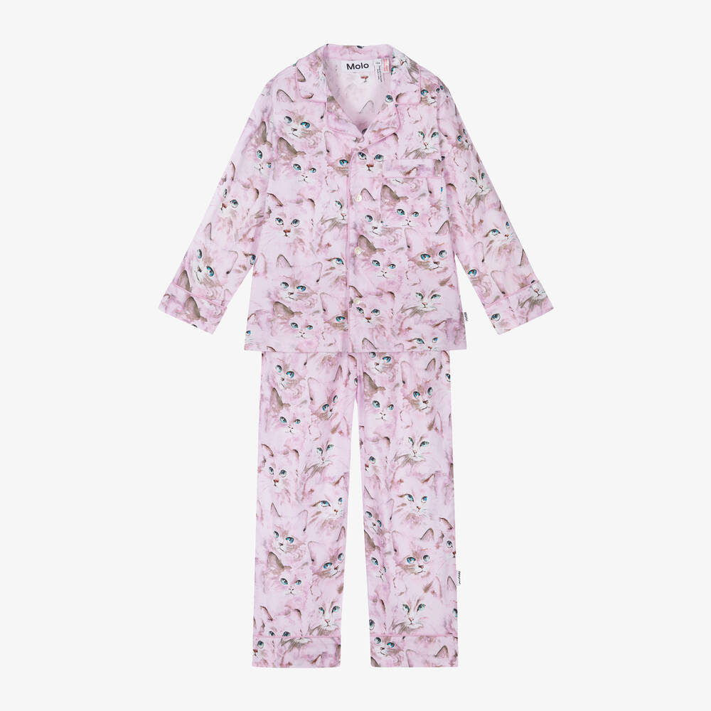 Molo - Pink Organic Cotton Cat Print Pyjamas | Childrensalon