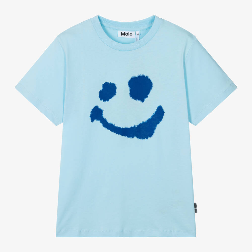 Molo - Teen Boys Blue Smiling Face Cotton T-Shirt | Childrensalon