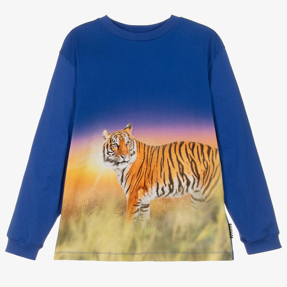 Molo - Teen Boys Blue Tiger Cotton Top | Childrensalon