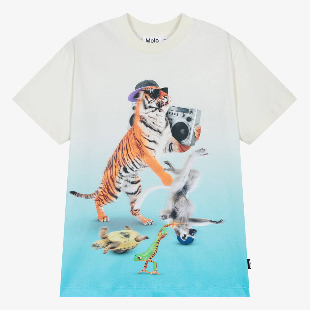 Molo - Кремово-голубая футболка с тигром для мальчиков-подростков | Childrensalon