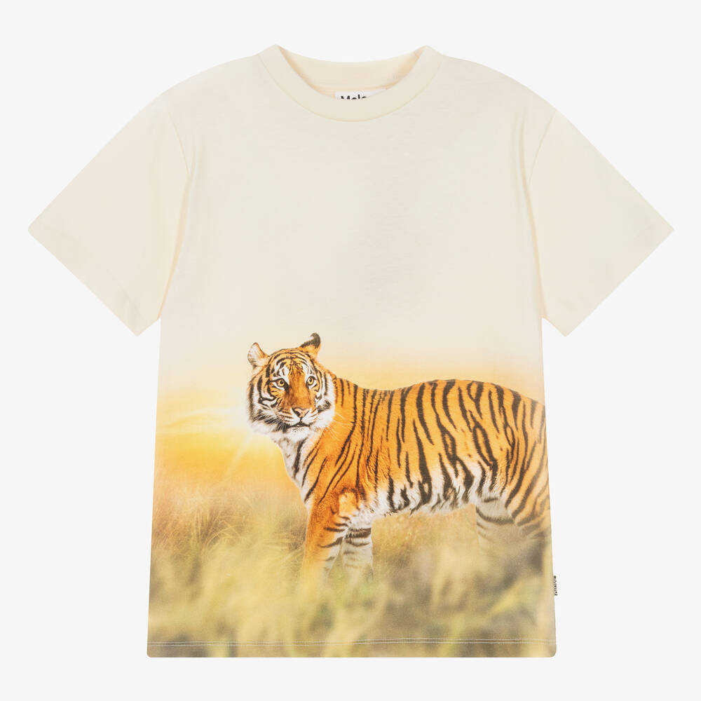 Molo - Кремовая хлопковая футболка с тигром для мальчиков-подростков | Childrensalon