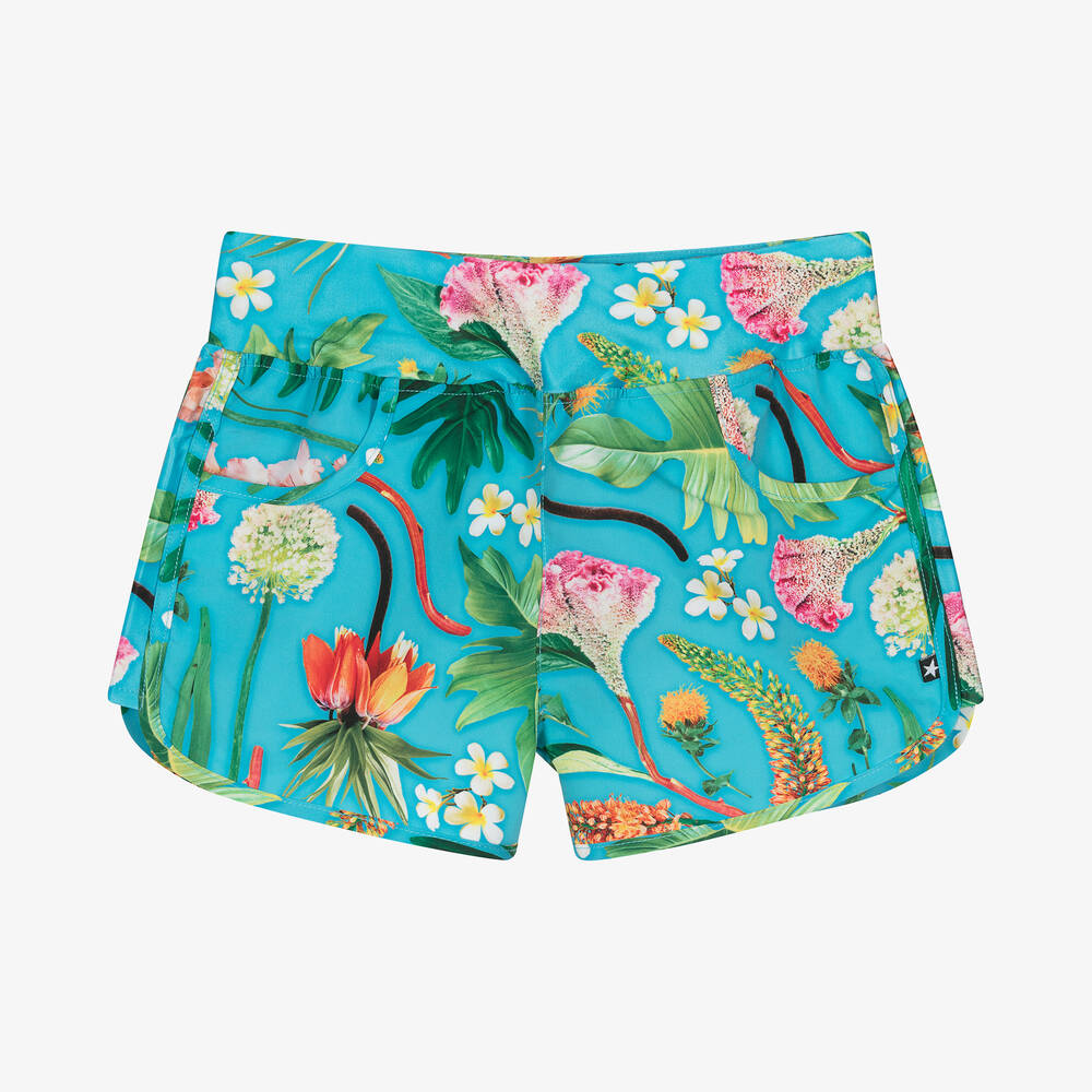 Molo - Teen Girls Blue Floral Swim Shorts (UPF50+) | Childrensalon