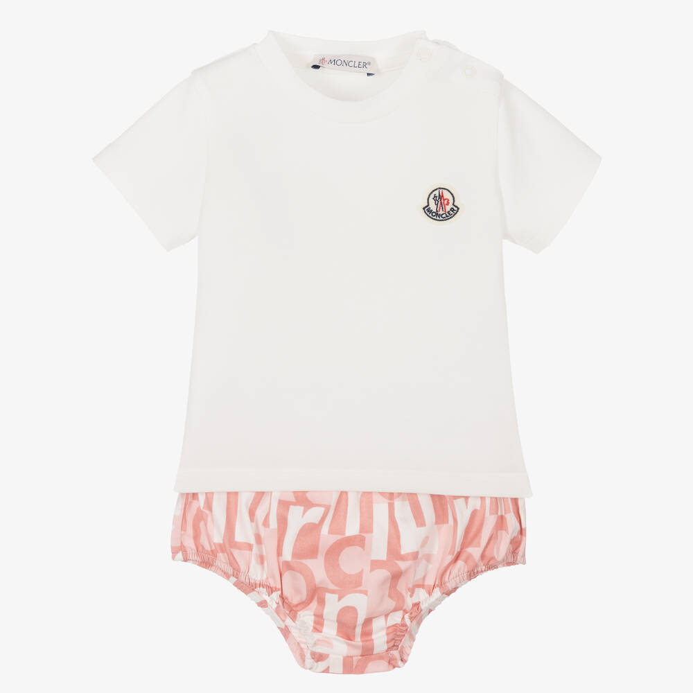 Moncler Enfant - Baby Girls Pink & White Cotton Shorts Set | Childrensalon