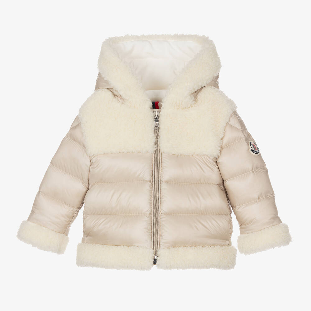 Moncler Enfant - جاكيت هودي دوفي مبطن لون بيج للأطفال | Childrensalon