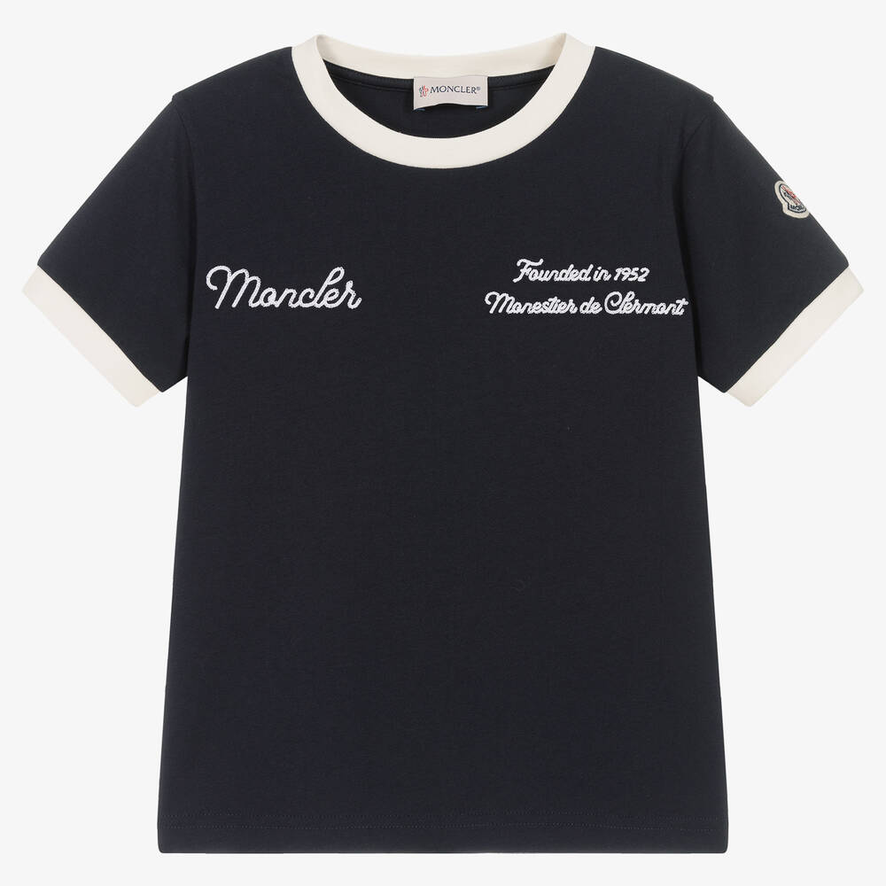 Moncler Enfant - Сине-кремовая футболка с вышивкой для мальчиков | Childrensalon