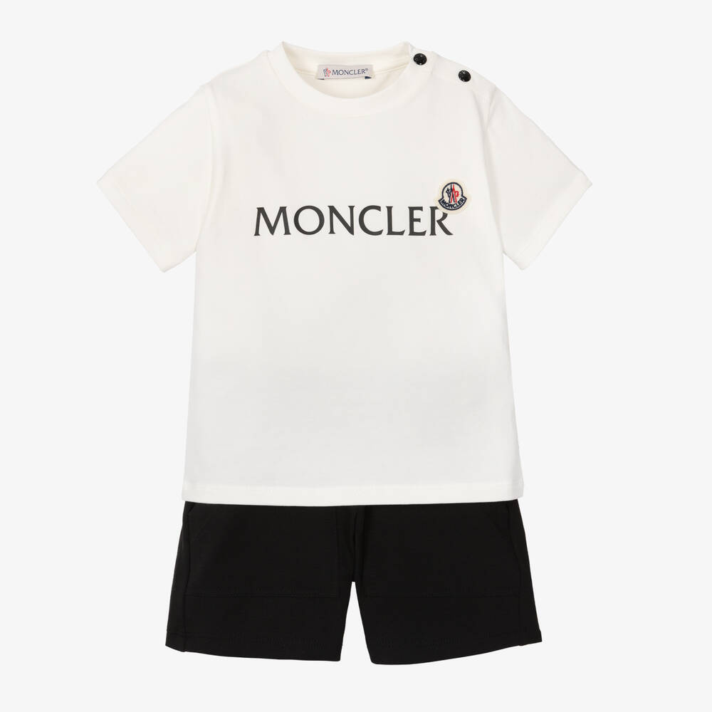 Moncler Enfant - طقم شورت أطفال ولادي قطن جيرسي لون أسود وعاجي | Childrensalon