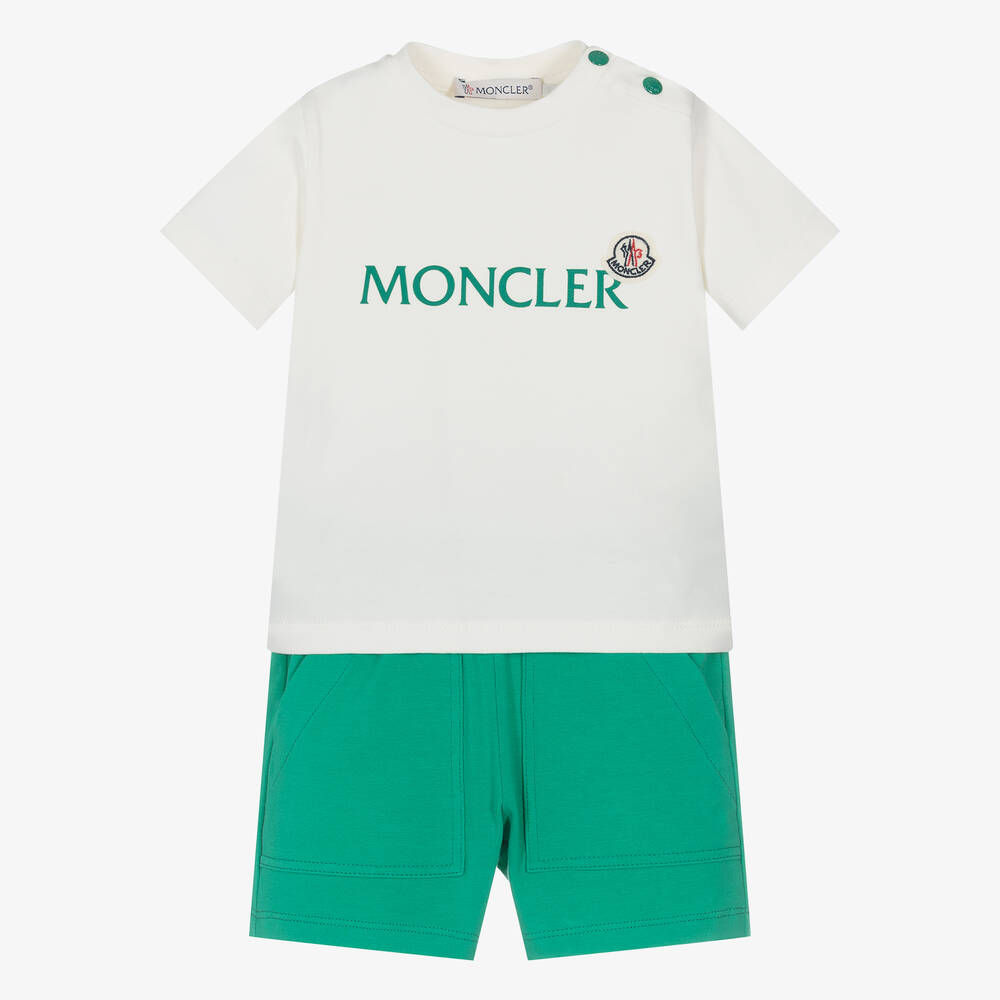Moncler Enfant - طقم شورت أطفال ولادي قطن جيرسي لون عاجي وأخضر | Childrensalon