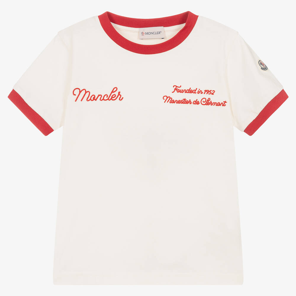 Moncler Enfant - Кремово-красная футболка с вышивкой для мальчиков | Childrensalon