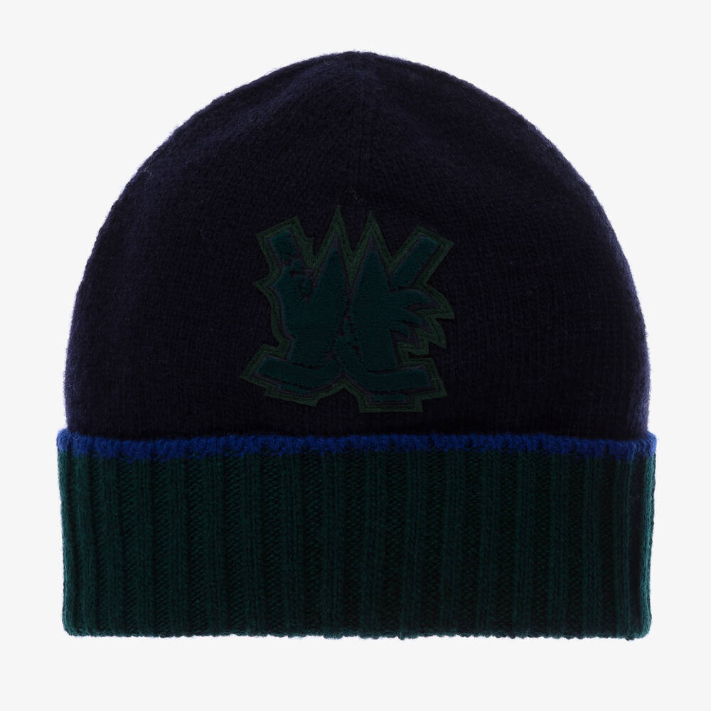 Moncler Enfant - قبعة صوف بكر محبوك لون كحلي وأخضر للأولاد | Childrensalon